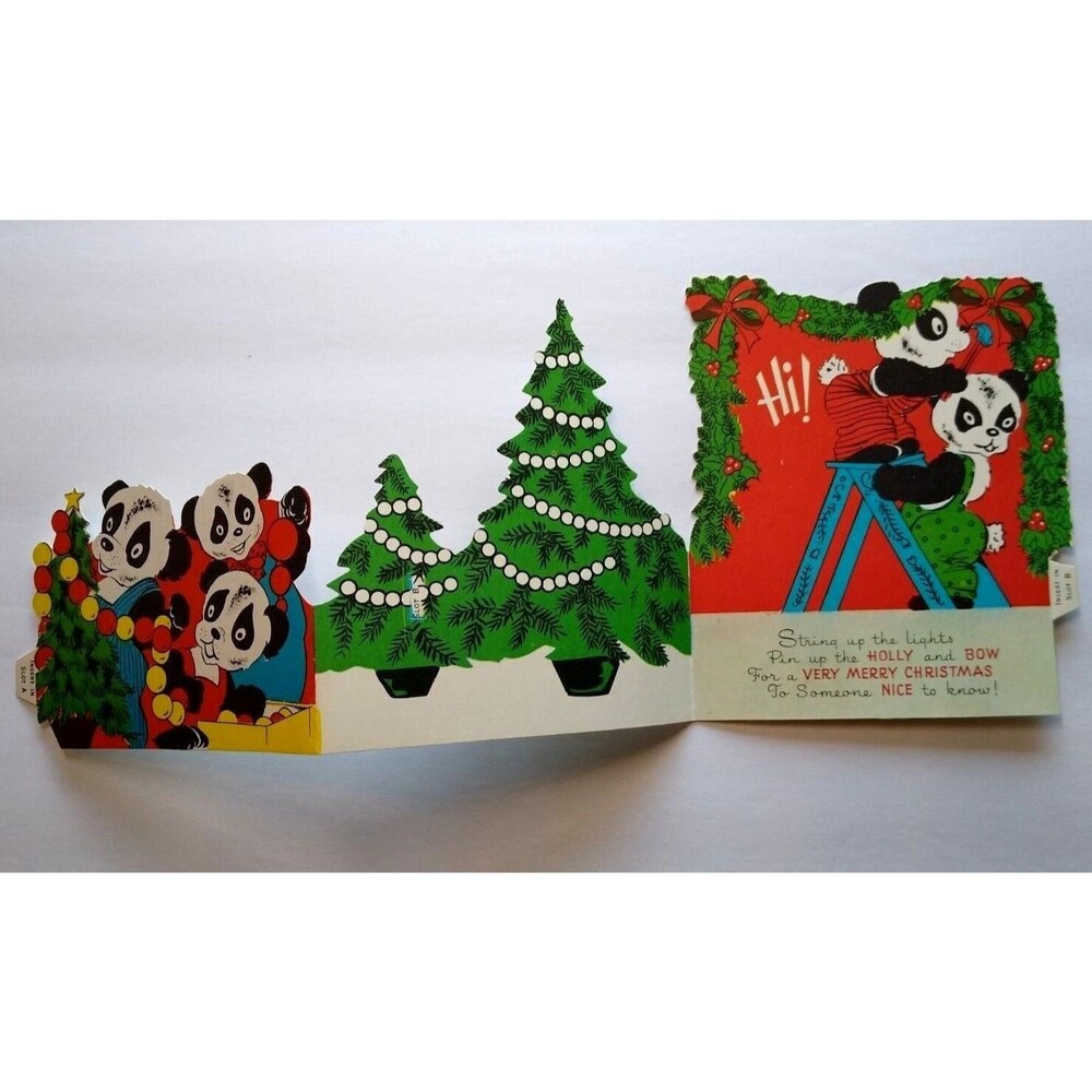 Christmas Greeting Card Panda Bears Diecut Foldout Standup Retro Mid Century Mod